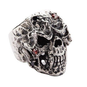 Vampire Skull Red Garnet Sterling Silver Ring, heavy skull three quarter view