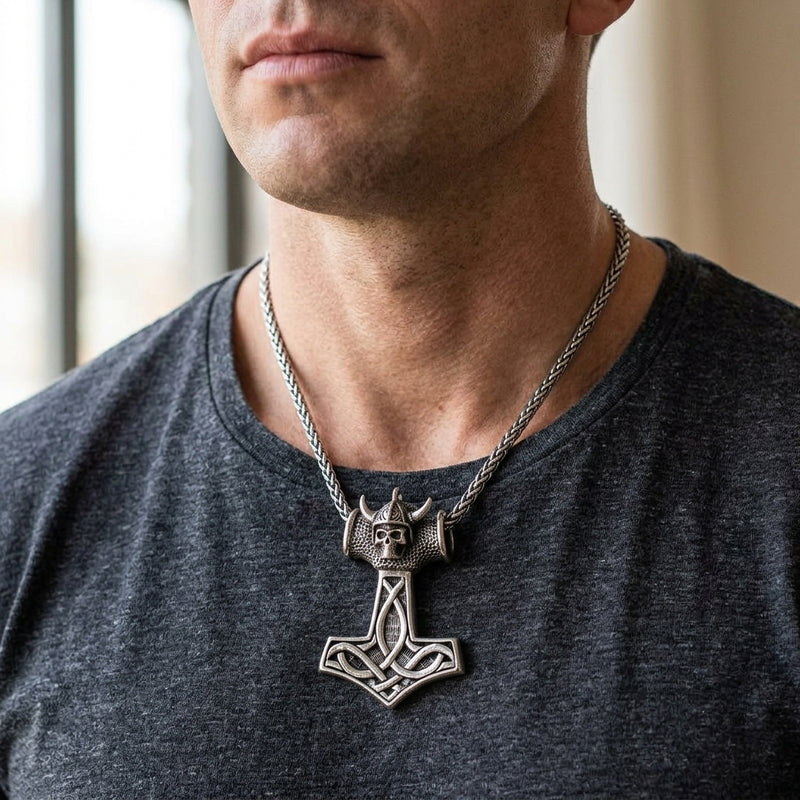Viking skull hammer silver pendant worn on a model