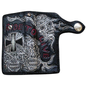 Ride to Live Skull Stingray Leather Biker Wallet, wallet open exterior