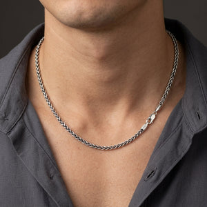 3.5mm Wheat Chain Sterling Silver Necklace, worn on the neck with collarbones, shoulders and upper chest visible