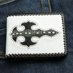 White Leather Black Stingray Cross Wallet, closed front on denim
