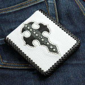 White Leather Black Stingray Cross Wallet, front left angle