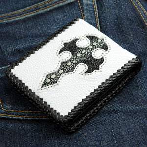 White Leather Black Stingray Cross Wallet, front right angle