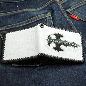 White Leather Black Stingray Cross Wallet, open exterior