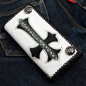 White Leather Black Stingray Cross Biker Wallet — angled cross front