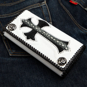 White Leather Black Stingray Cross Biker Wallet — closed three quarter view