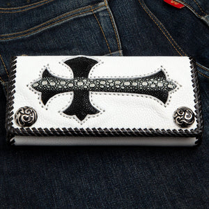 White Leather Black Stingray Cross Biker Wallet — front cross on denim