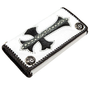 White Leather Black Stingray Cross Biker Wallet — white background angle