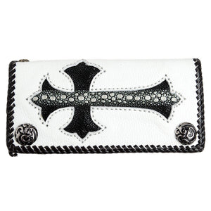 White Leather Black Stingray Cross Biker Wallet — white background front