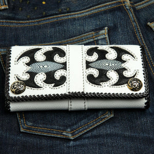 White Scorpion Stingray Leather Biker Wallet, front straight denim