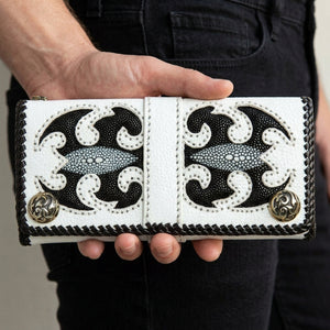 White Scorpion Stingray Leather Biker Wallet, held at the waist