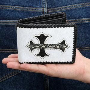 White leather biker wallet supported in one hand, showing the sideways black stingray cross and braided border