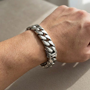 Wide Cuban Link 925 Sterling Silver Bracelet worn on an adult wrist