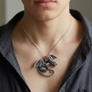 Winged Dragon Sterling Silver Pendant, worn on the neck with collarbones, shoulders and upper chest visible