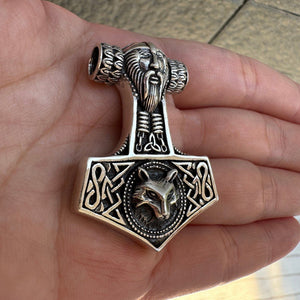 Fenrir Wolf Thor's Hammer Sterling Silver Pendant, bearded front on fingers