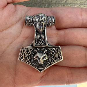 Fenrir Wolf Thor's Hammer Sterling Silver Pendant, wolf front in palm