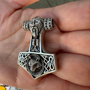 Fenrir Wolf Thor's Hammer Sterling Silver Pendant, wolf relief angle