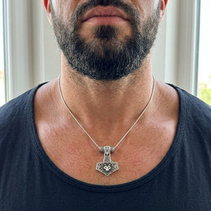 Fenrir Wolf Thor's Hammer Sterling Silver Pendant worn at an adult neckline