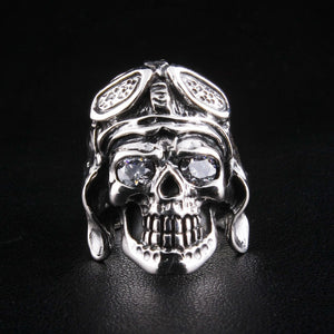 WWII Aviator Skull CZ Sterling Silver Ring, aviator skull ring front