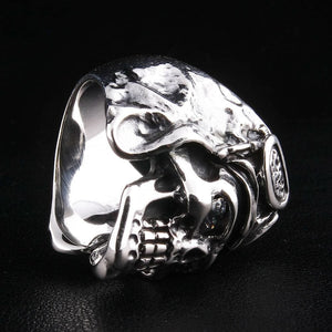 WWII Aviator Skull CZ Sterling Silver Ring, ring reverse