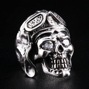 WWII Aviator Skull CZ Sterling Silver Ring, ring three quarter left