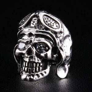 WWII Aviator Skull CZ Sterling Silver Ring, ring three quarter right