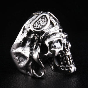 WWII Aviator Skull CZ Sterling Silver Ring, ring top angle