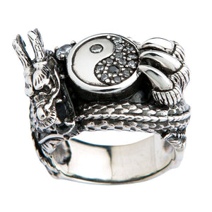 Yin-yang drakring i 925 sterlingsilver, upphöjt drakeansikte och öppning i ringskenan
