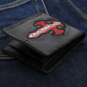 Biker Wallet Red Cross Black Lizard Leather