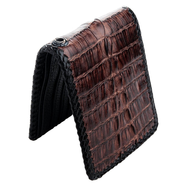 Dark Brown Crocodile Leather Bifold Biker Wallet