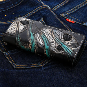 Cartera de motociclista de piel de lagarto del diablo verde