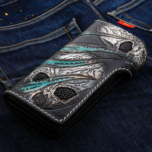 Cartera de motociclista de piel de lagarto del diablo verde