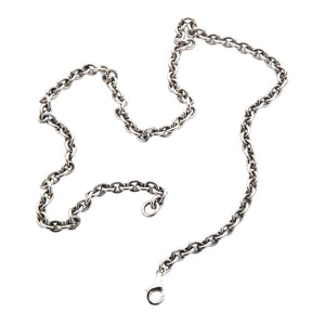Silver necklace chain laid flat with lobster clasp and end ring