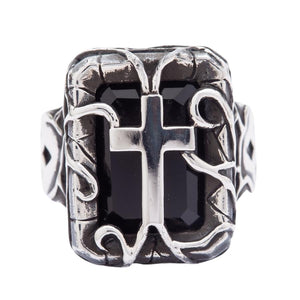 Sterling Silver Gothic Cross Ring, black stone cross front