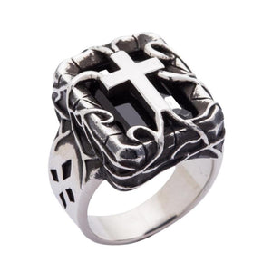 Sterling Silver Gothic Cross Ring, black stone cross oblique