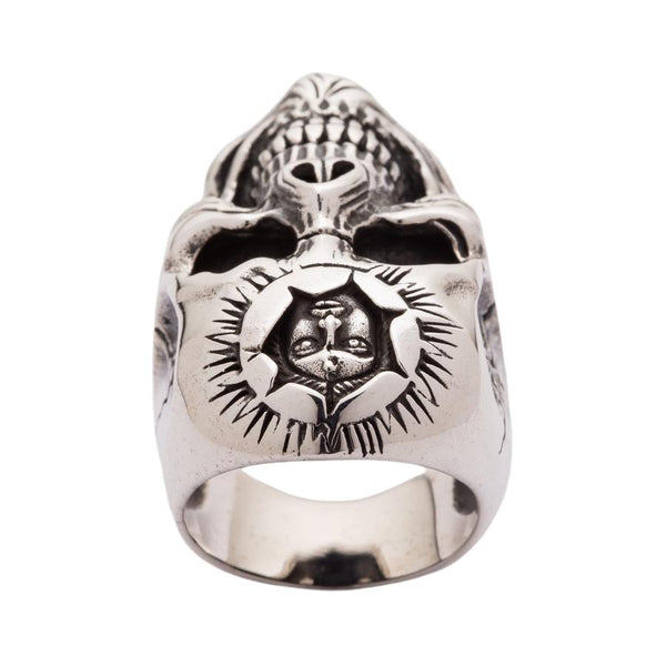 Тяжелое серебряное кольцо с черепом бога Солнца