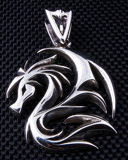 925 Sterling Silver Dragon Wolf Pendant