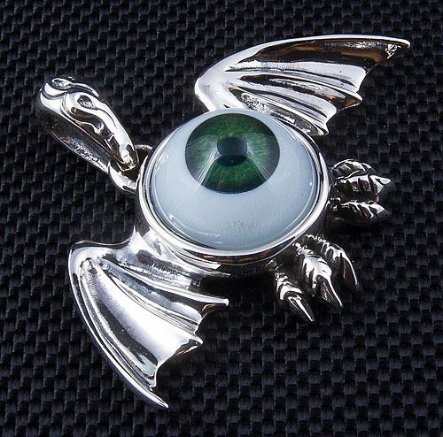 Sterling Silver Green Eyeball Gothic Wings Pendant