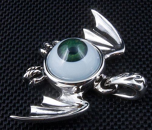 Sterling Silver Green Eyeball Gothic Wings Pendant