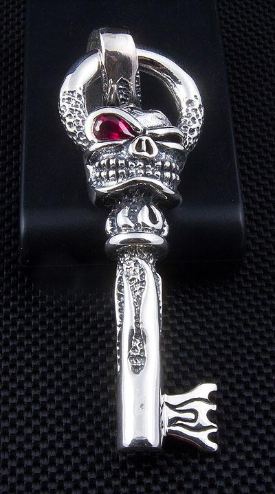 Sterling Silver Flame Skull Key Pendant