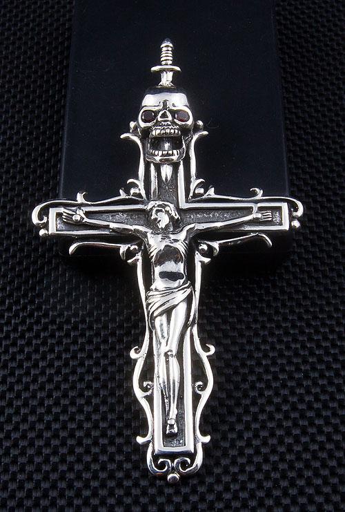 Silver Skull Cross Jesus Pendant