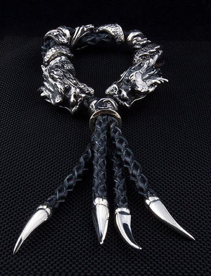 Genuine Leather Silver Dragon Mens Bracelet