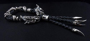 Genuine Leather Silver Dragon Mens Bracelet
