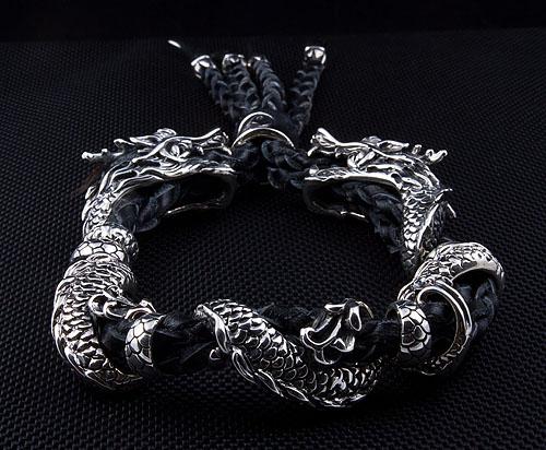 Genuine Leather Silver Dragon Mens Bracelet