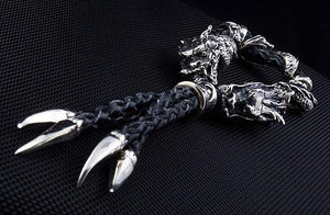 Genuine Leather Silver Dragon Mens Bracelet