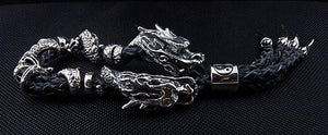 Genuine Leather Silver Dragon Mens Bracelet