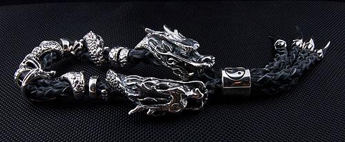Bracelet homme en cuir véritable dragon argenté