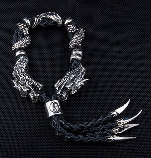 Genuine Leather Silver Dragon Mens Bracelet