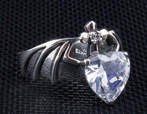 Silver Diamond Heart Bat Wings Ring