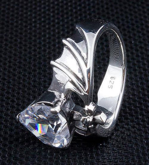 Silver Diamond Heart Bat Wings Ring